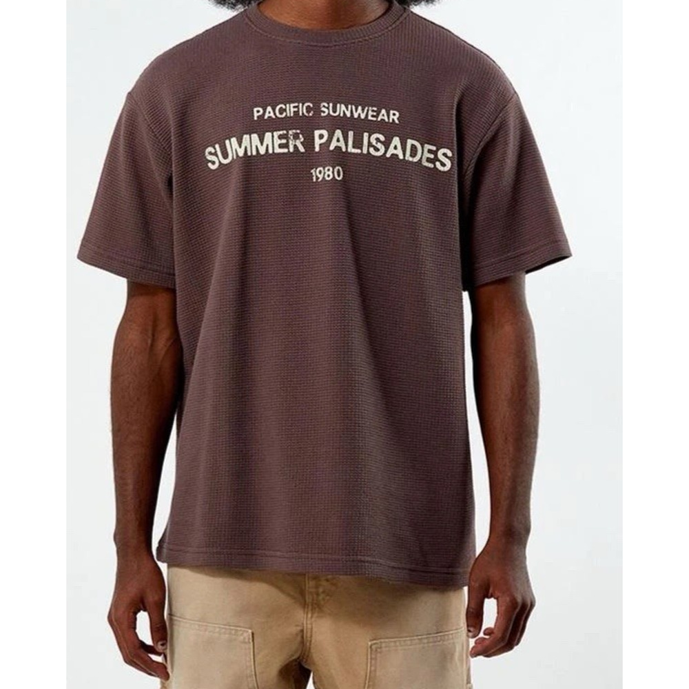 PacSun Waffle Knit Tee Mens M Brown Short Sleeve Graphic Summer Palisades 1980